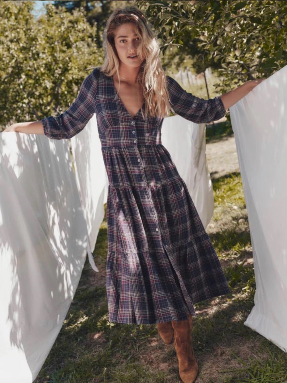 Marine Layer Maxi Navy Plaid Dress XL
